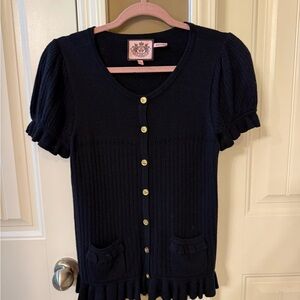 Beautiful Navy Blue Short Sleeve Cardigan with Gold Buttons